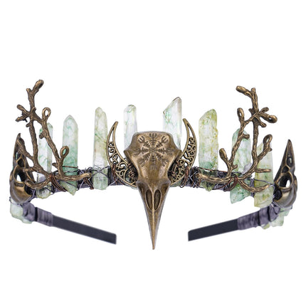 Green Fairy Crystal Crown - Handmade Raw Quartz Tiara with Bronze Crow Branch Moon Elf Headpiece Fantasy Forest Witch Crown Wedding Renaissance Halloween Cosplay Woodland Headband