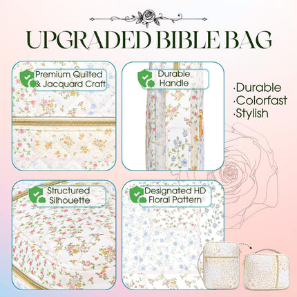 Bible Cover Case for Women Girls: Christian Mothers Day Gifts for Mom Large Quilted Bible Bag with Multi Pockets 26Pcs Study Supplies Journaling Kit, Floral Print Durable Book Carrying Organizer