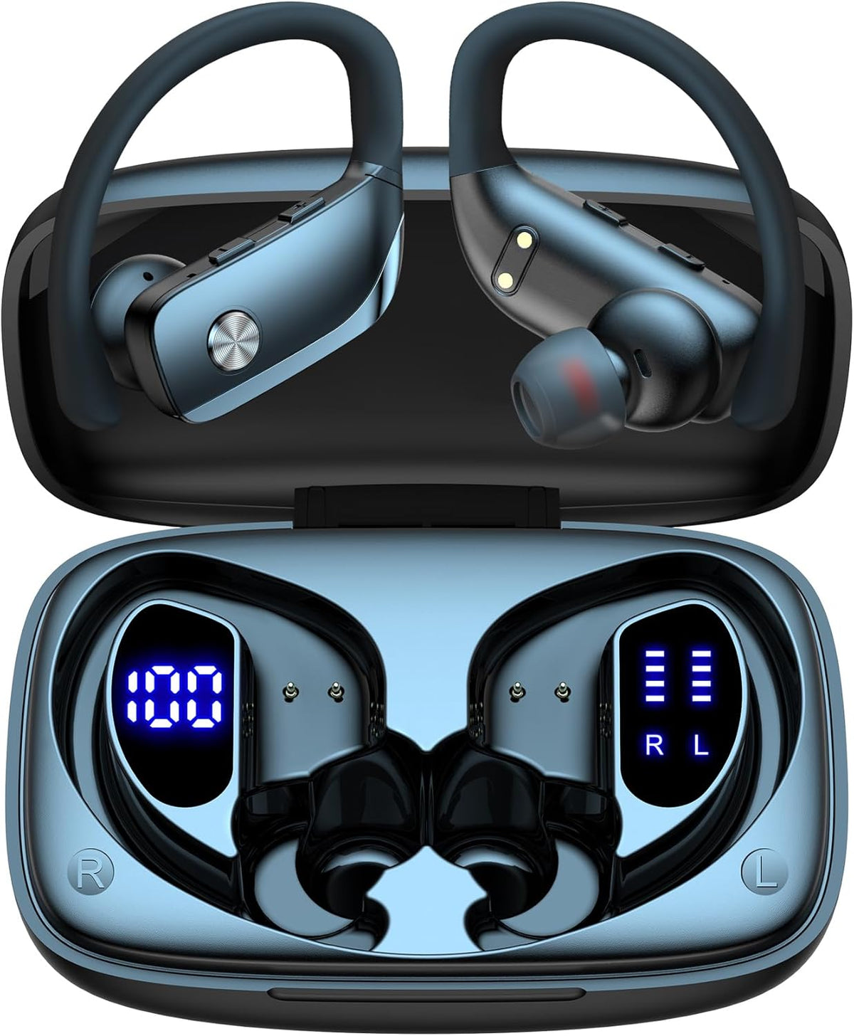 Wireless Bluetooth Earbuds with LED Display Case, Over-Ear Hook, Mic, Stereo Sound, Button Controls, Black