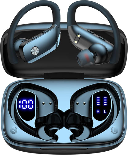 Wireless Bluetooth Earbuds with LED Display Case, Over-Ear Hook, Mic, Stereo Sound, Button Controls, Black