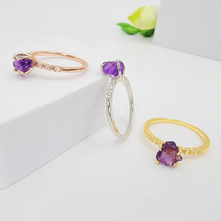 Real Raw Crystal Dainty Ring white Gold Birthstone gift for sister daughter niece Christmas birthday Uniquelan Jewelry