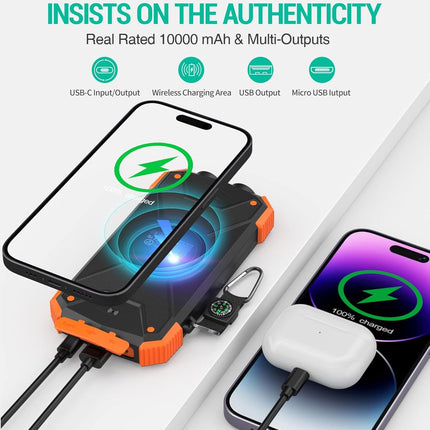 BLAVOR Solar Power Bank 10,000mAh, Portable Wireless Charger, 20W Fast Charging External Battery Pack with USB C for Cell Phones, Solar Panel Charging with Dual Flashlight for Camping