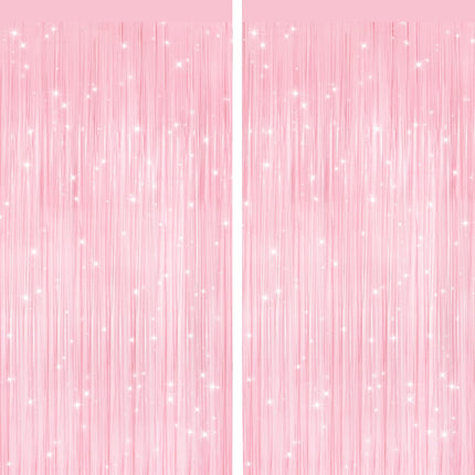 Pastel Pink Metallic Fringe Curtains 2 Pack, Tinsel Backdrop for Parties
