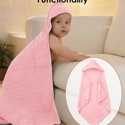 Toallas de baño con capucha para bebé de muselina, pack de 3, toallas ultrasuaves 100% algodón para recién nacidos, bebés y niños pequeños, 32x32 Inch, esenciales muy absorbentes y de secado rápido para la hora del baño, playa y piscina, serie rosa