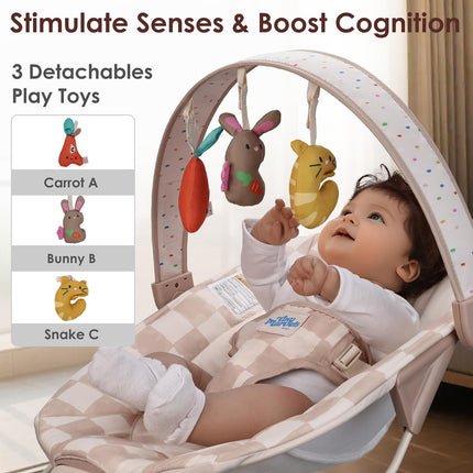 Baby Bouncer – Baby Bouncer seat, Infants Bouncy Seat with Music & Sensory Toys, Compact & Machine Washable Seat Pad Indoor Infant Seat, Ideal for Newborns 0-6 Months, Max Weight 20lbs (Sand Checker)
