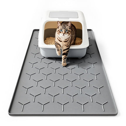 Silicone Cat Litter Mat, 24"x16", Raised Edge Waterproof, Grey