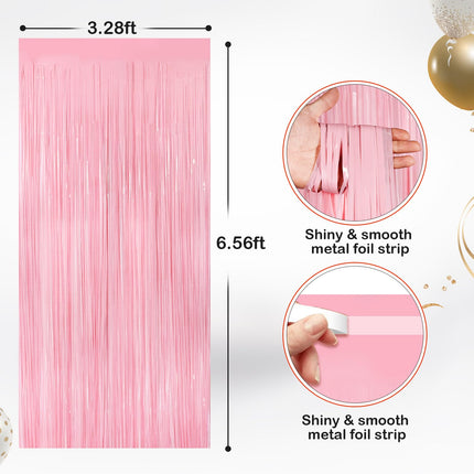 Pastel Pink Metallic Fringe Curtains 2 Pack, Tinsel Backdrop for Parties