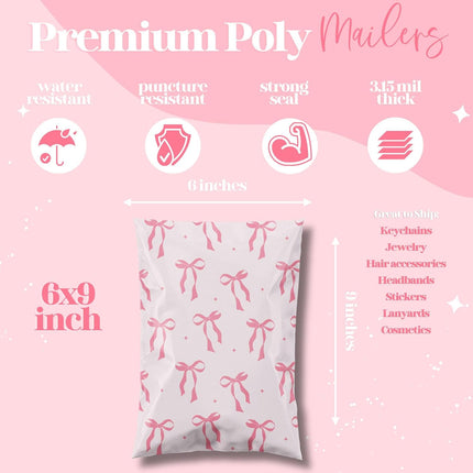 Pretty Package Store 6x9 Designer Poly Mailer 100 Pack Heavy Duty Waterproof Self Seal Shipping Bags for Small Business Large Mailing Envelopes Bulk Tear Resistant Cute Packaging Pink Bows Coquette