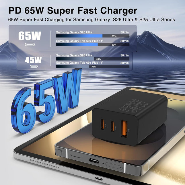 65W Super Fast Charger Type C, 3 Port 100W PD Quick Charging 3.0 USB C Block & 3/6/10/10FT Braided Type C Cord