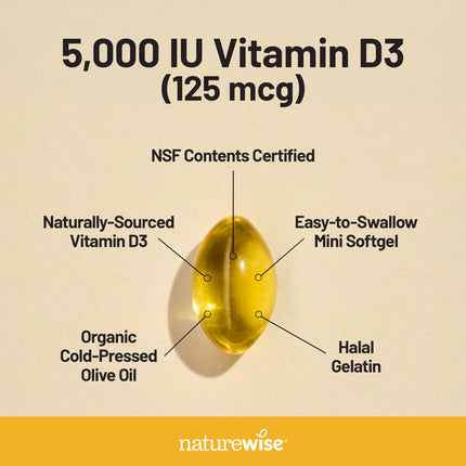 NatureWise Vitamin D3 5000 IU 360 Count softgels ingredients and dosage