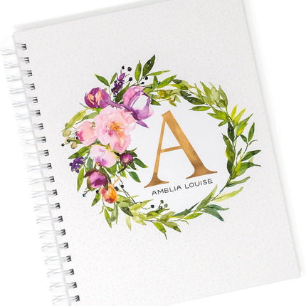 Personalized Baby Journal - Hardcover First Year Album Customized with Baby’s Name & Initial - Prompted Baby Memory Book (Floral Wreath Initial)