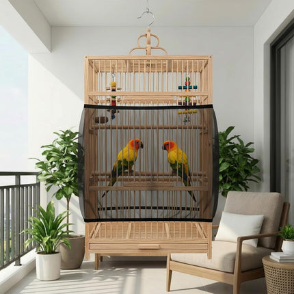Adjustable Bird Cage Seed Catcher, Black Bird Cage Net Birdcage Cover Skirt Nylon Mesh Netting, Stretchy Birds Cages Guard for Parrot Parakeet Macaw African Any Cages Cover