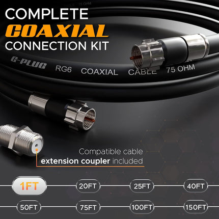 G-PLUG 1FT RG6 Coaxial Cable Connectors Set - High-Speed Internet, Broadband and Digital TV Aerial, Satellite Sky Cable Extension- Weather-Sealed Double Rubber O-Ring and Compression Connectors Black