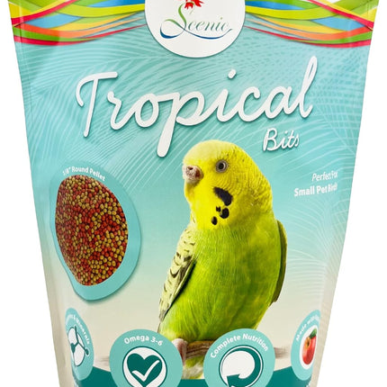 Scenic Tropical Bits Small Pet Bird Food - 1.75 lb Bag - 1/8" Bird Pellets - Complete Nutrition for Cockatiels, Budgies, Lovebirds, Conures & Lories