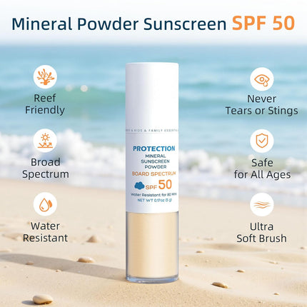 Powder Sunscreen for Kids SPF 50, Brush-On Zinc Oxide Mineral Powder for Face and Body, Reef Safe Scalp Sunscreen Brush, Waterproof, Travel Size, Beach Summer Camping Essentials for Kids Babies