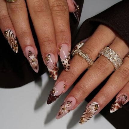 French Tips Press on Nails Medium Almond Nails Press on with 5D Flower Charm Design Glossy Brown Glue on Nails Water Ripple Rhinestones Fake Nail Reusable Fall Winter Nail for Women Manicure 24Pcs