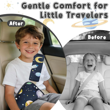 Kids Seat Belt Cover Pads, Soft Seat Belt Adjuster for Kids, Pea Pod Children Universal Shoulder & Belly Protective Padding, Breathable Car Seat Strap Cushion Covers for Boys Girls (Space)