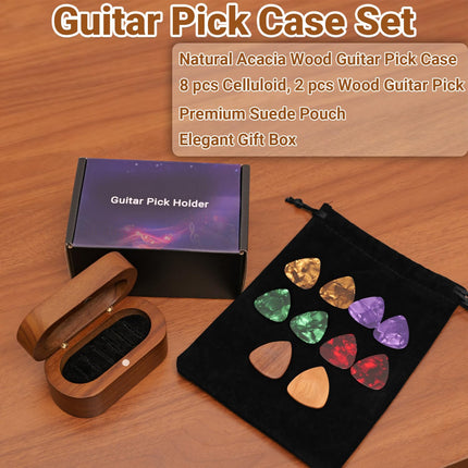 Guitar Pick Holder Set with 2 Color Wood Picks and 8 Celluloid Picks in 3 Thicknesses, Wooden Guitar Pick Case, Mini Jewelry Box, Guitar Music Accessories for Guitar Lover Player