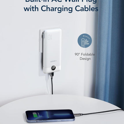 Portable Charger with Built-in AC Plug and Cables, All in One 10000mAh Ultra Slim Power Bank Travel Essentials, Fast Charging Battery Pack Compatible with iPhone, Samsung, Android (White)