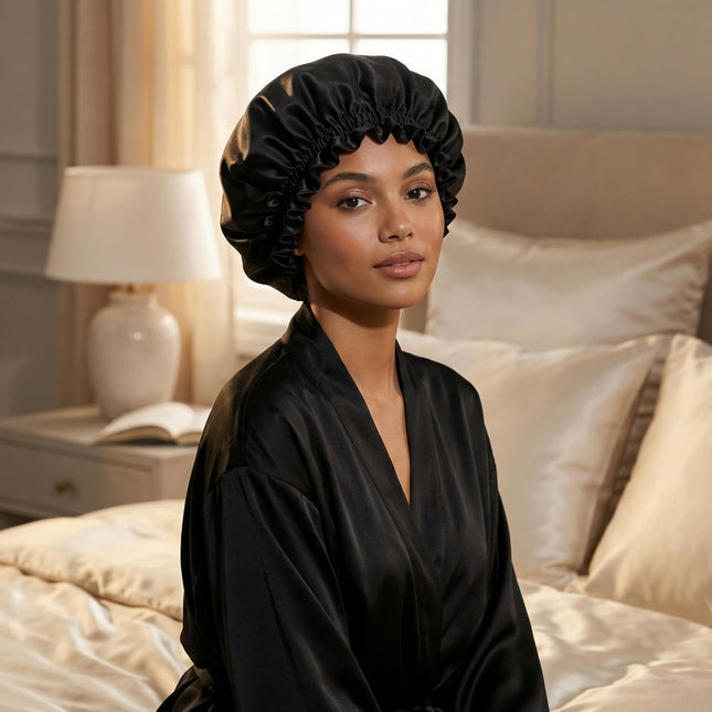 Silk Sleep Bonnet for Women, 100% Mulberry Silk, 19 Momme, Reversible, Black