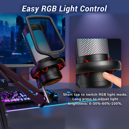 TONOR Gaming Microphone Set with Boom Arm, Vocal Condenser Microphone for PC with Stand, USB Mic with controllable RGB Light, One Tap Mute, Volume Control, for Discord, Twitch Streaming, TC310+