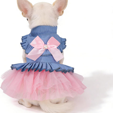Dog Dress, Fashion Puppy Tutu Princess Dresses for Small Dogs Girl, Sweet Skirt with Dog Bowknot Clips, Spring Dog Cat Clothes Pet Apparel (Denim Princess Dress, XX-Small)