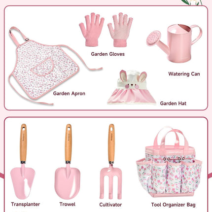 Kids Gardening Tool Set Toys - 8 Pieces Quality Garden Kit for Toddlers & Kids with Shovels, Rake, Watering Can, Hat, Apron, Gloves & Storage Bag (Pink Flower)