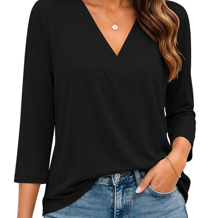 Womens 3/4 Sleeve V Neck Tops Loose Fit T Shirts Casual Blouses