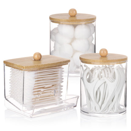 3 Pack Qtips Holder Bathroom Container, 10 oz Cotton Ball/Swabs Dispenser, Apothecary Jar Organizer for Storage Brown Wood Lids