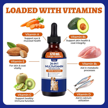 Wellix 4.06 FL oz 24-in-1 Liquid Multivitamin with Taurine for Dogs & Cats, Pet Vitamins and Supplements with Glucosamine, Cranberry, MSM, Probiotics - Itch&Allergy Relief, Joint Supplement for Pets