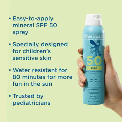 Blue Lizard Kids Mineral Sunscreen Spray SPF 50+, Brand, Broad-Spectrum UVA/UVB Protection, Water-Resistant, Zinc Oxide Formula, 5 fl oz