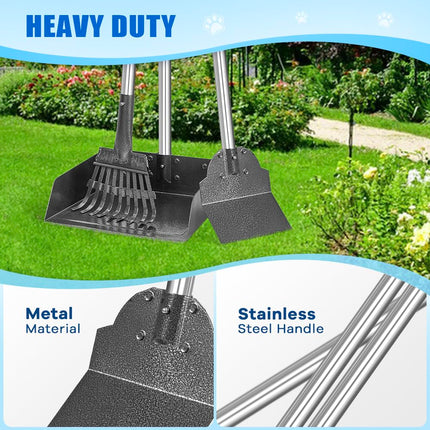 Metal Pooper Scooper for Dogs Heavy Duty Long Handle Rake, Spade & XL Tray