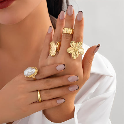 12 PCS Chunky Gold Plated Rings for Women Statement Flower Ring Set