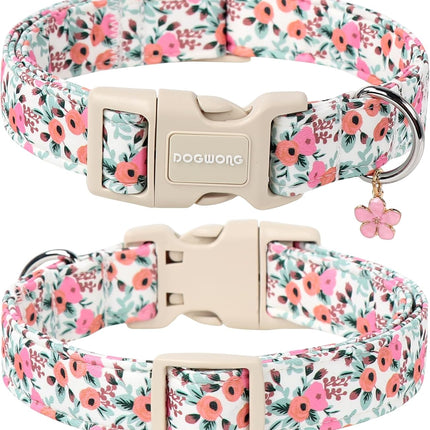 DOGWONG Flower Cotton Dog Collar, Spring Summer Cute Pink Dog Collar Durable Soft Fabric Pet Dog Collars Female Girl Necklace for Small Medium Large Dogs