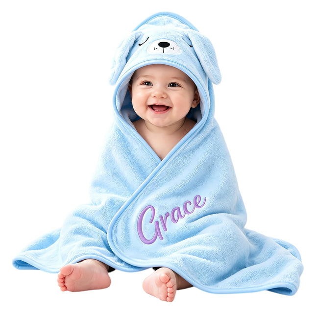 Personalized Baby Hooded Towel with Name, Custom Name Animal Bath Towel