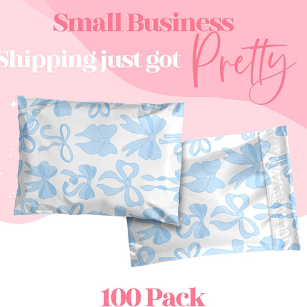 Pretty Package Store 6x9 Designer Poly Mailer 100 Pack Heavy Duty Waterproof Self Seal Shipping Bags for Small Business Large Mailing Envelopes Bulk Tear Resistant Packaging Blue Bows