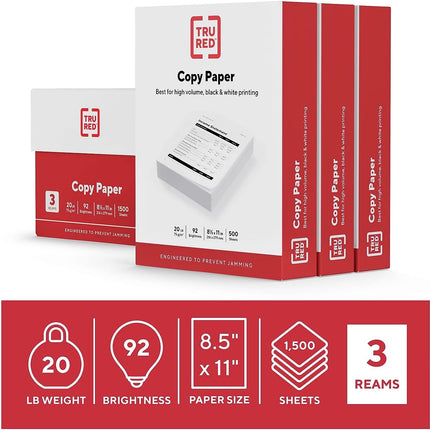 TRU RED Copy Paper, 8.5" x 11", 92 Brightness, Smooth Finish Printer Paper, 20 lbs., 500 Sheets/Ream