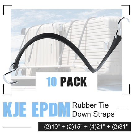 10Pack (10'', 15", 21", 31") Rubber Bungee Cords with S Hooks - Heavy Duty Black Bungee Straps, EPDM - Load 180 lbs, Outdoor Tie Downs, Securing Tarps & Canvases & Cargo in Cold Hot Climates