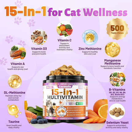 Taurine for Cats Vitamins Treats, 15 in 1 Cat Multivitamin Support Joint, Skin Coat, Digestion, Immunity & Energy, 500 Crunchy & Creamy Chews with Essential Vitamin for Cats All Ages (90-Day Supply)
