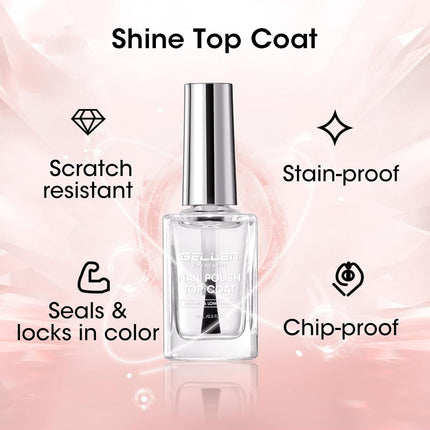 GELLEN Clear Nail Polish Base Top Coat, Quick Air Dry No Wipe Shine Top Coat & Sheer Natural Pink Tinted Base Coat | Non-gel Regular Nail Polish Strengthen Nails with Calcium, Toxin TPO HEMA Free