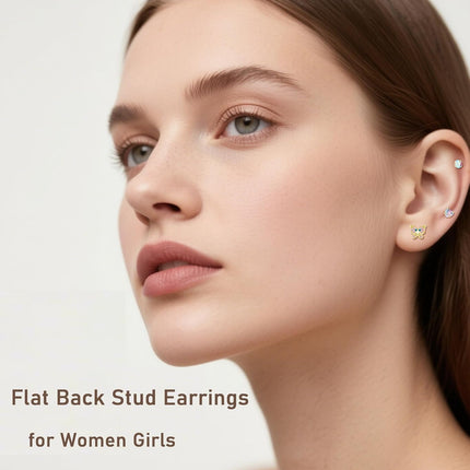 4Pairs Hypoallergenic Earrings for Girls 14K Gold Flat Back Earrings 20G Screw Back Cartilage Earring for Sensitive Skin CZ Heart Butterfly 316L Stainless Steel Stud Earrings for Women