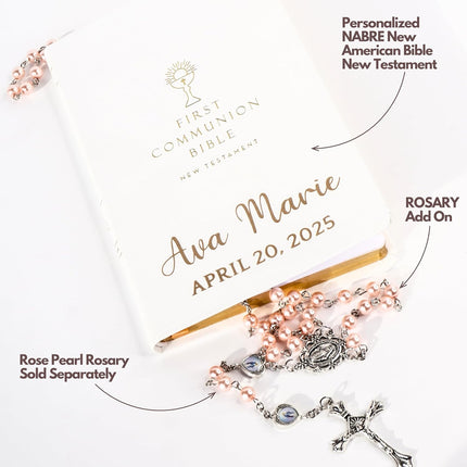 Personalized First Communion Bible New Testament, First Gift Catholic Rosary Set Engraved Religious Keepsake, Holy Sacrament, Biblia para Primera Comunion