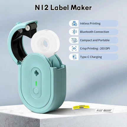Mini Label Maker Machine with Tape, N12 Portable Bluetooth Label Printer, Thermal Sticker Labeler for Small Business, School, Home, Office(Green)