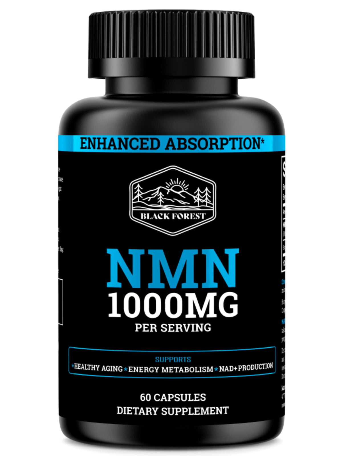 Black Forest NMN 1000mg Supplement 99% Pure with BioPerine 60 Capsules front bottle