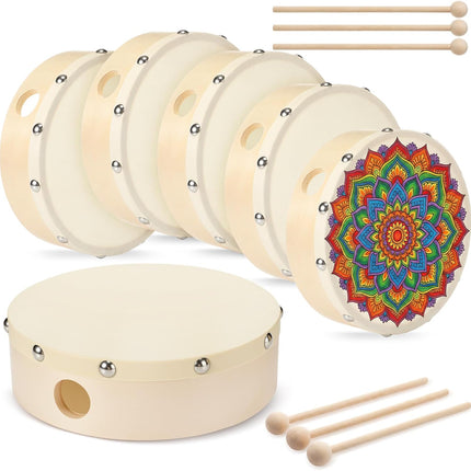 6 Pack 6 Inches Hand Drum Goatskin Drumhead DIY Handpan Wood Frame Drum with Beater Stick for Adults