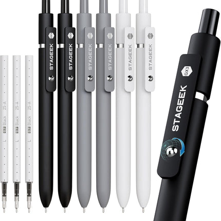 STAGEEK Black Gel Pens GX3, 6Pcs Fine Point Smooth Writing Pens with 3 Extra Refills, Black Ink Pens for Journaling, Office, Note Taking, School Supplies, Nurse Aesthetic(Black Gray White)