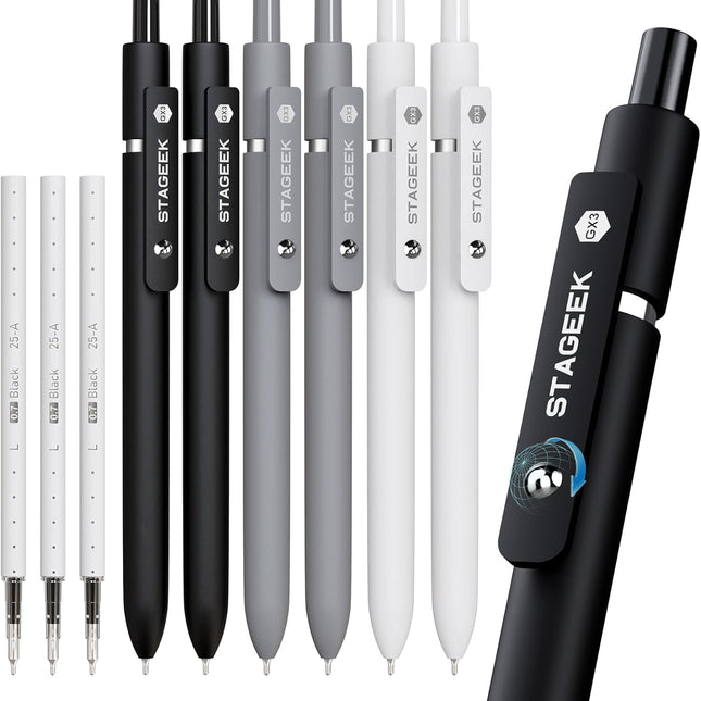 Black Gel Pens, 6Pcs Fine Point Smooth Writing Pens with 3 Extra Refills, Black Ink Pens for Journaling, Office, Note