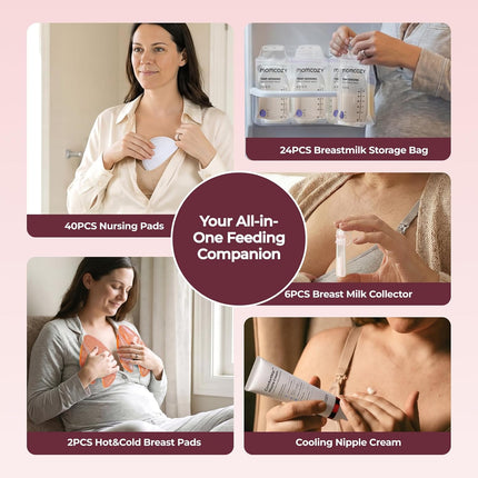 Momcozy 73-Piece Postpartum Essentials Kit for New Moms, Breastfeeding Essentials Set with Nursing Pads, Hot & Cold Breast Packs, Nipple Cream, Colostrum Collectors and Breastmilk Storage Bags