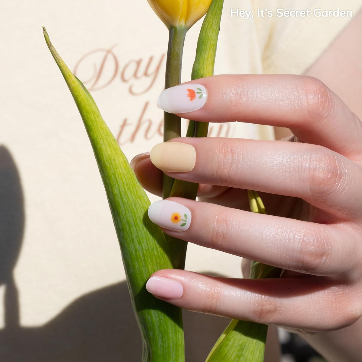Semi Cured Gel Nail Strips | No LED Lamp Needed |Yellow, Floral | Easy Apply & Remove, Salon Quality  - photo 3