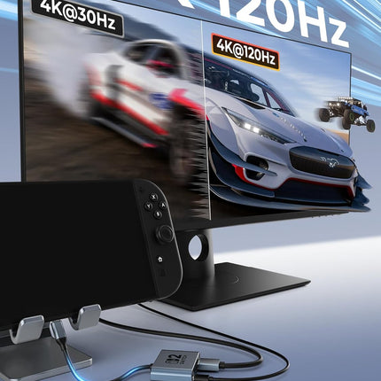 Switch 2 Dock,Portable USB C Docking Station with 4K@120Hz/PD 100W/USB 3.0 Port,Aluminum Alloy Travel TV Dock for Switch/Steam Deck/ROG Xbox Ally X/Legion Go 1/2/S